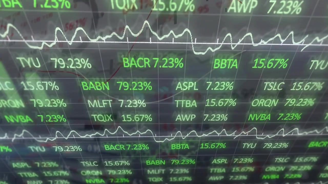 L'inclinazione della telecamera fa sì che i ticker finanziari mostrino tassi in aumento e una sparkline che si muove per mostrare il rischio di mercato