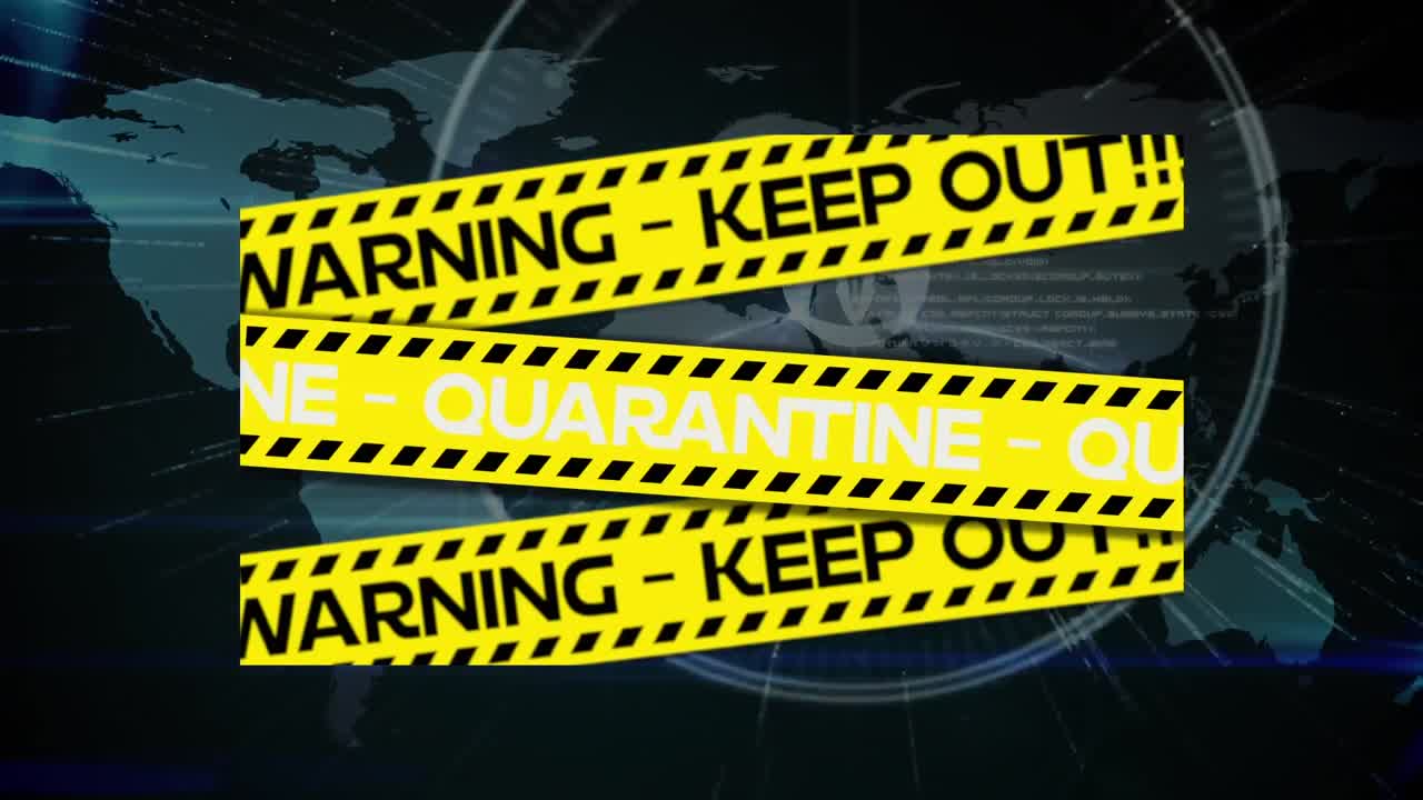 Animation of covid 19 warning text over data processing and world map