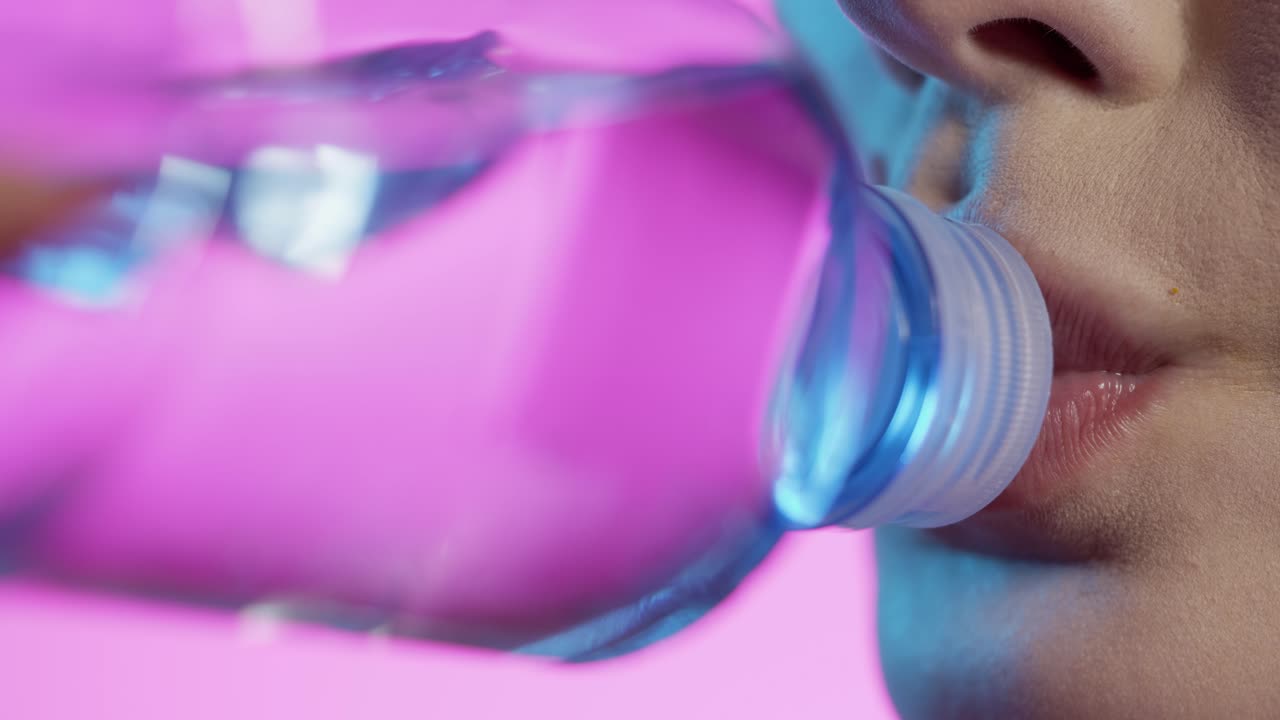 mujer bebiendo agua de una botella de agua en primer plano, esmalte de uñas femenino y labios de lápiz labial rojo en fondo rosa