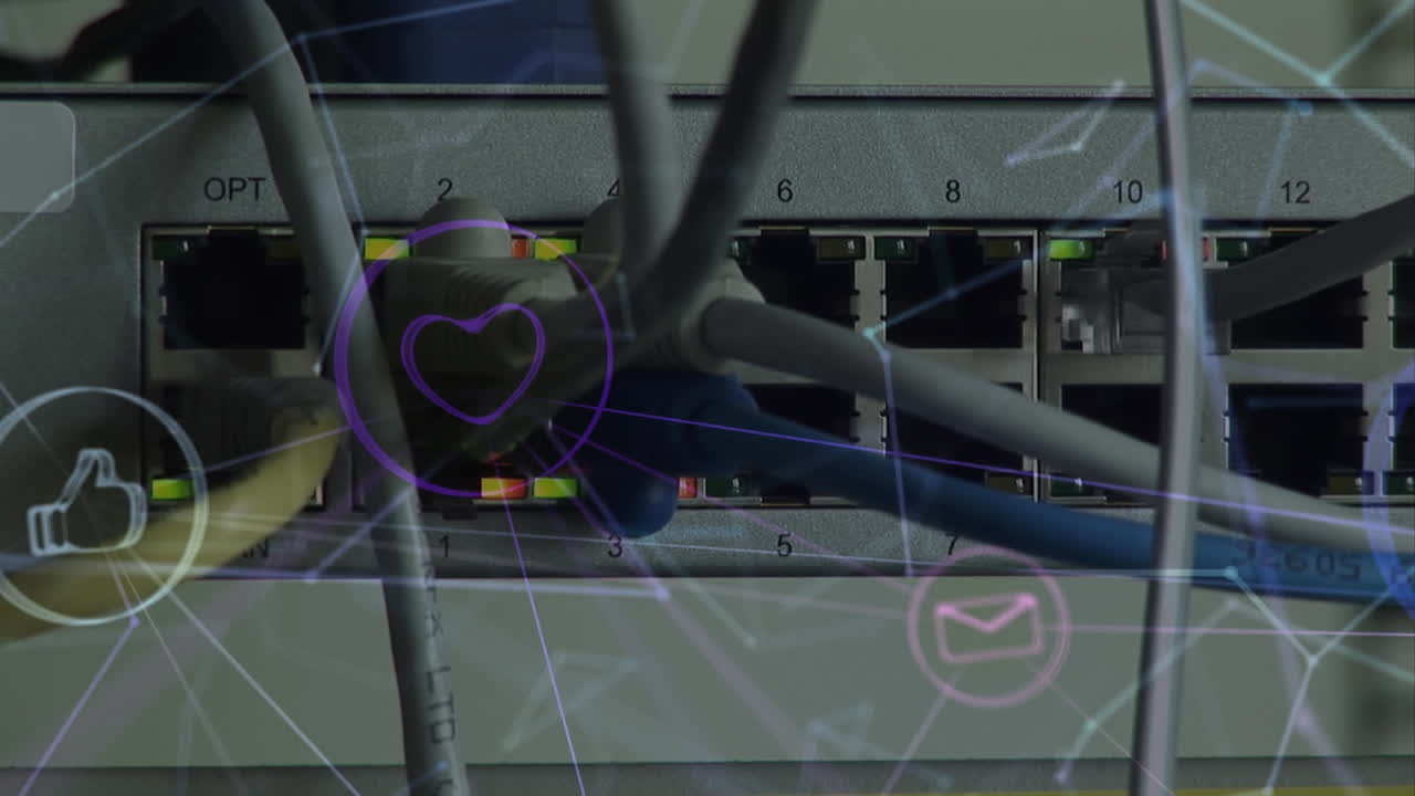 연결된 케이블 위에 떠다니는 사회적 아이콘과 함께 연결된 다채로운 웹의 애니메이션