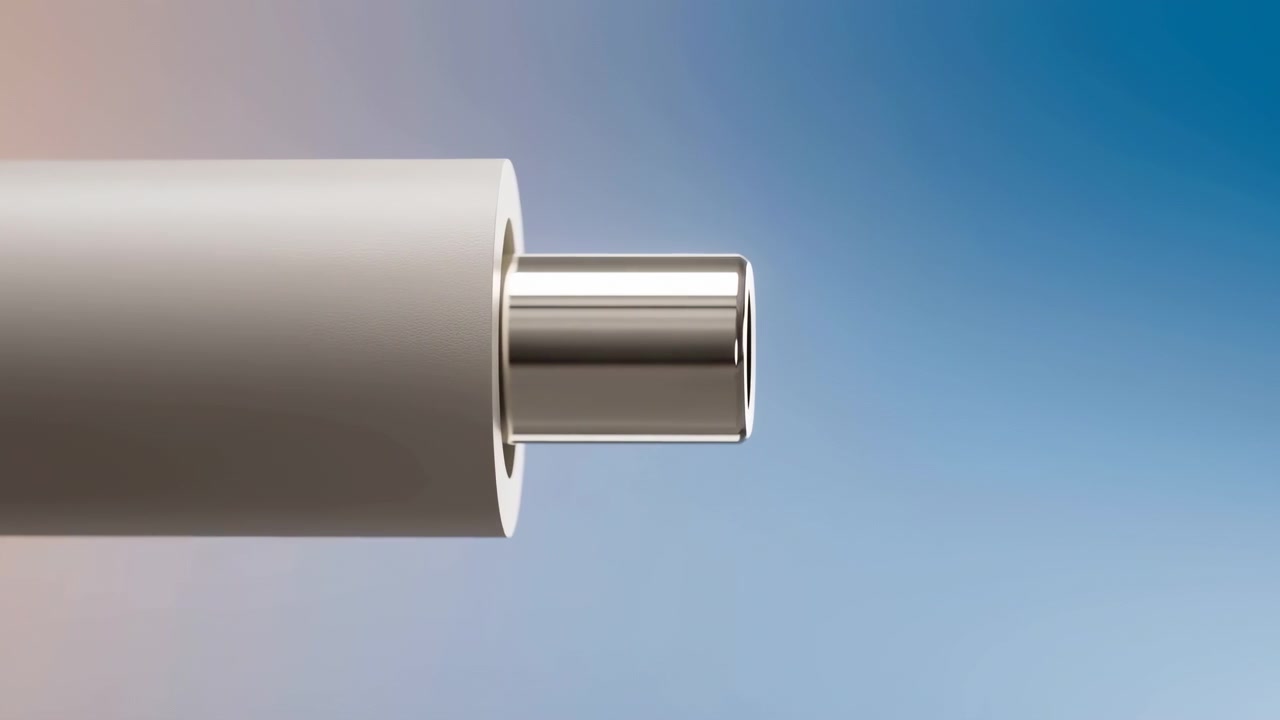 Close-up view of white cylindrical paper roll on left side, polished chrome core extending from hollow center over soft pastel gradient backdrop, with matte texture, glossy reflections, clean studio