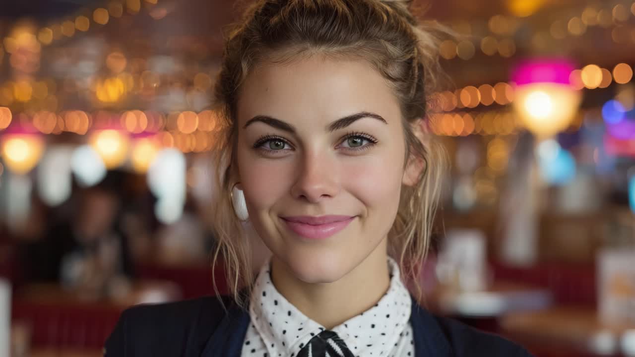 Una giovane donna sicura di sé sorride calorosamente alla fotocamera in un ambiente vivace e animato, mostrando il suo atteggiamento coinvolgente su uno sfondo di luci scintillanti