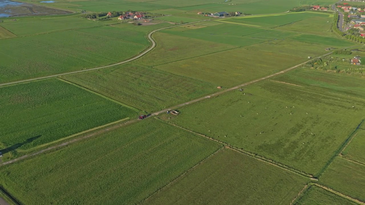 Aerial view flying over terschelling rural landscape