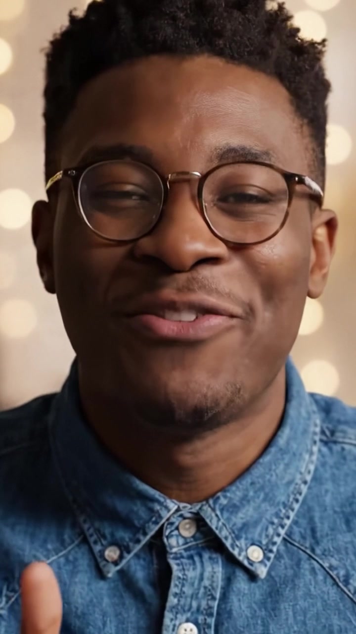 Joyful Expression: A Close-Up Look at a Young Man in Casual Denim Shirt Sharing a Lighthearted Moment Against a Beautifully Lit Background