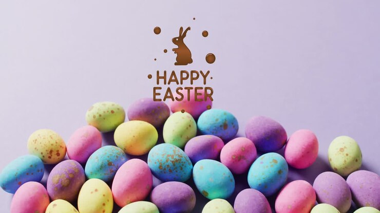Animation of happy easter text over colourful easter eggs on purple background