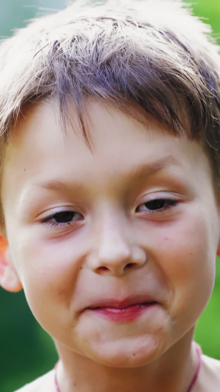 Portrait of a happy boy on the blurred background. Close-up face of a little boy making funny grimaces with the help of his hands in summer. Vertical video