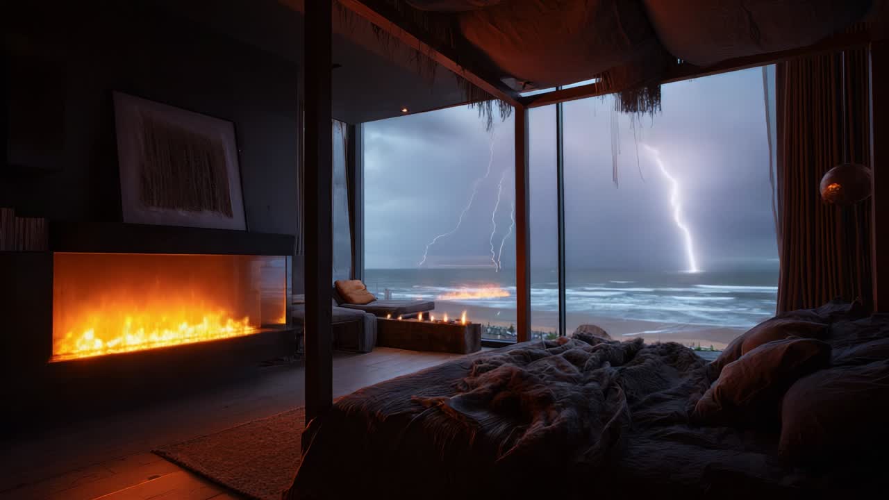 A Serene Bedroom Overlooking a Dramatic Coastal Storm: Synchronized Flames and Lightning Illuminate the Dark Atmosphere of a Modern Retreat, Uniting Nature's Power with Human Comfort