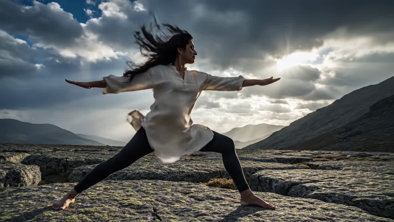 Woman doing yoga outdoors in a mountain landscape