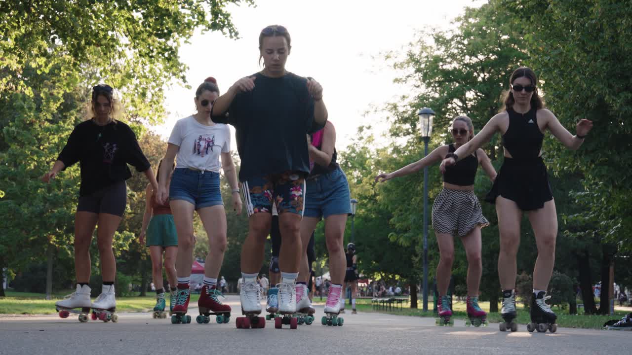 Group of young girls roller dance in synchronous movements, Czech Republic