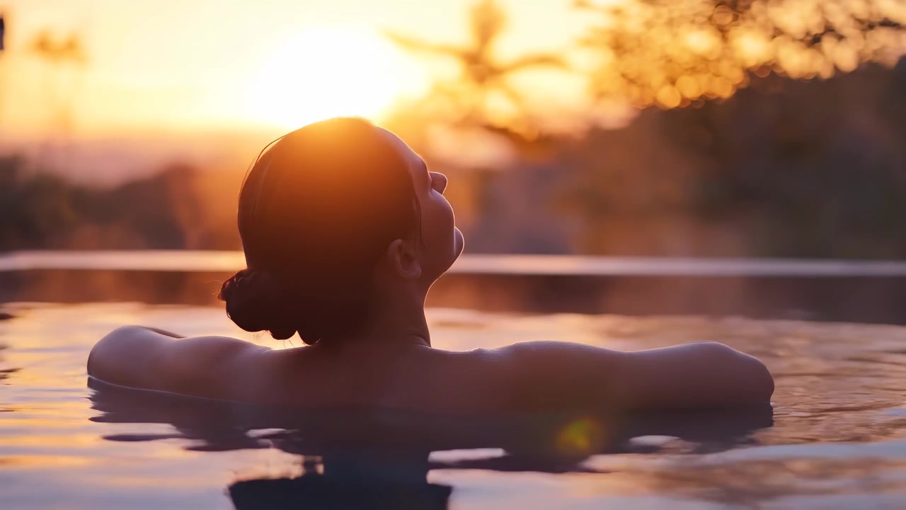 Une femme se détend dans la piscine infinie au coucher du soleil