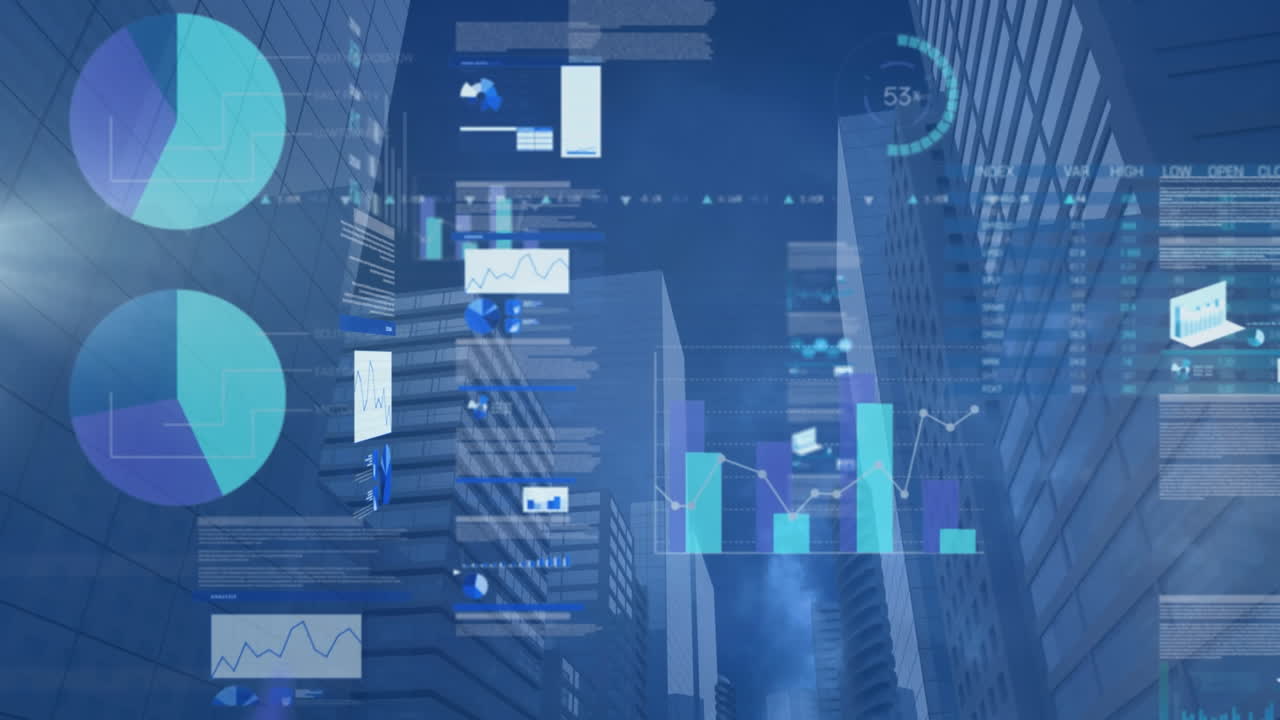 Animation of data processing over cityscape