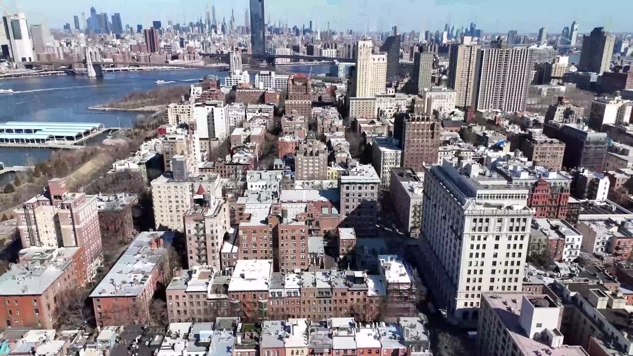 Horizontal drone pull-away shot over Remsen Street in Brooklyn, showcasing the city's vibrant streets, historic architecture, and dynamic skyline as the camera smoothly moves away.