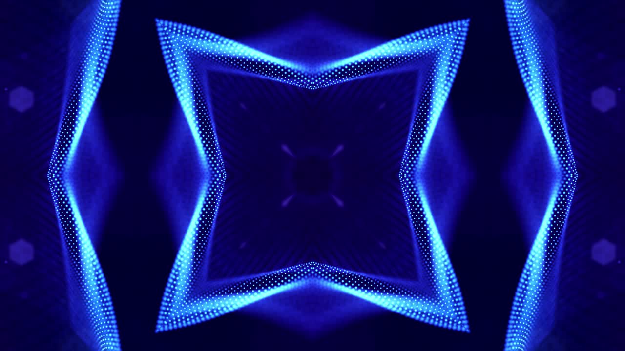 tema abstracto de microworld o nanotecnología. 4k bucle de ciencia ficción 3d fondo con efectos de luz. partículas azul brillante forman líneas, superficies, estructuras simétricas complejas como en el caleidoscopio.