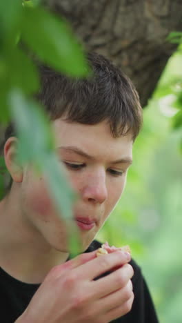 primer plano de un joven disfrutando de un bocadillo bajo un árbol, parece centrado en algo en la distancia mientras que otra persona en el fondo está borrosa, también comiendo bajo un árbol frondoso