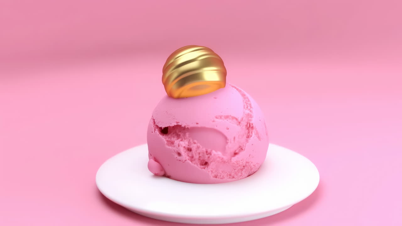 Bola de sorvete rosa com cobertura dourada derretendo em fundo rosa