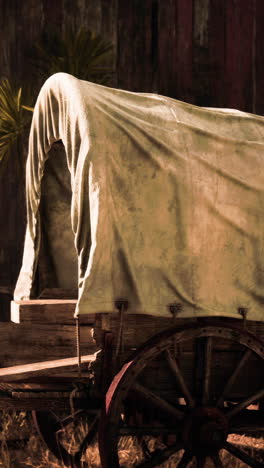 close up of a wooden covered wagon