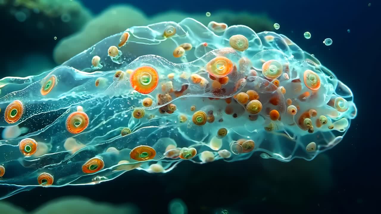 A jellyfish with many small orange spots is floating in the water. The jellyfish is surrounded by many bubbles, which give the impression of a dreamy, ethereal atmosphere