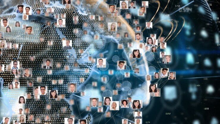 Animazione di foto di diversi uomini e donne d'affari che ruotano su un globo