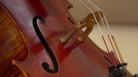 Close-Up-Shot-Showcasing-the-Artistic-Design-of-a-Brown-Cello,-Paired-with-a-French-Bow-at-Rest