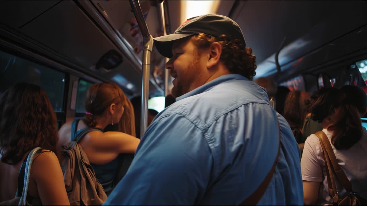 Hombre con camisa azul y gorra de pie en un autobús lleno de gente. Los pasajeros se sujetan a los postes, mirando hacia adelante. La luz del sol se filtra por las ventanas del autobús. La escena captura la fatiga del viaje y el transporte urbano.