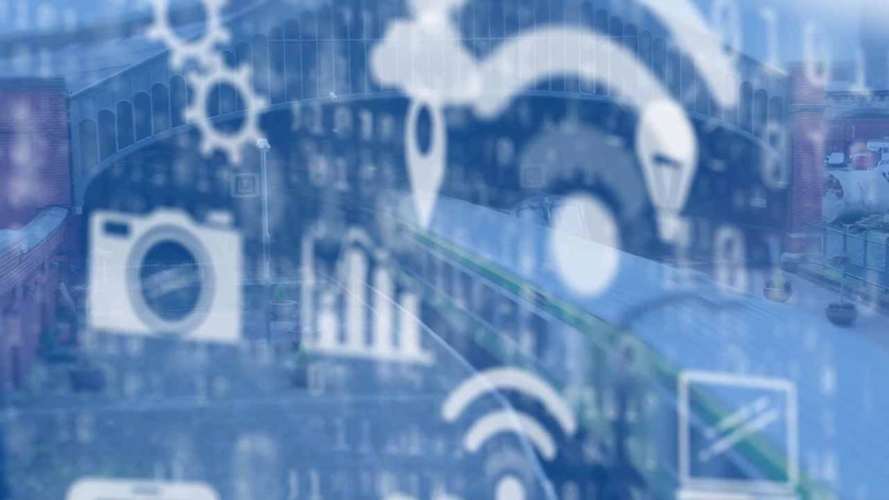Animazione di icone digitali che fluttuano su treni
