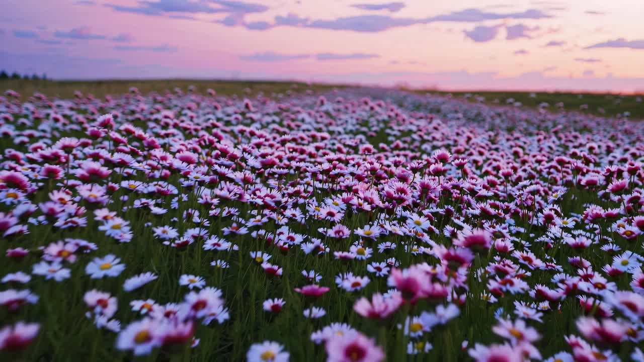 Vídeo em ângulo baixo capturando um vasto campo de margaridas ao pôr do sol, destacando as cores vibrantes