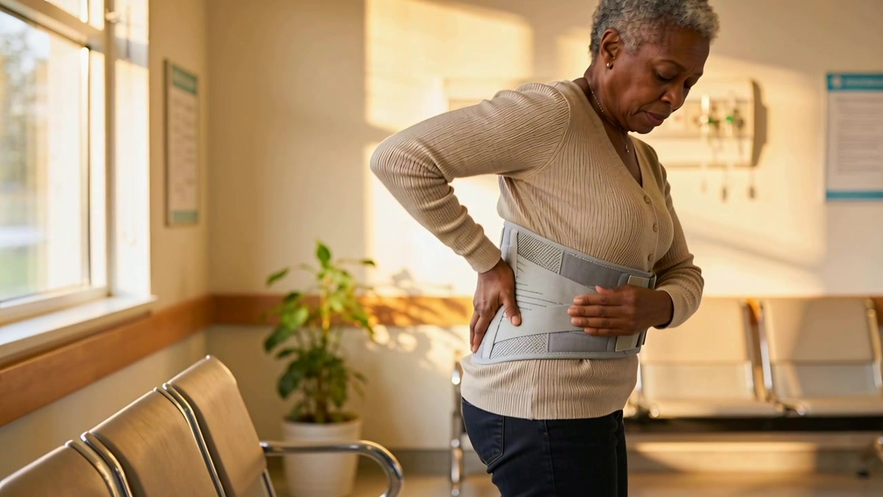 Adjusting senior woman in beige sweater tightening lumbar brace in clinic lobby, feeling back pain