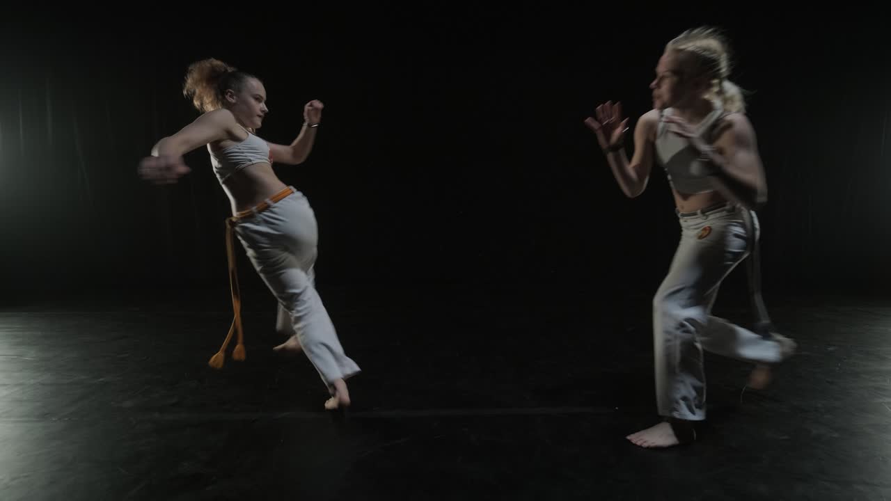un grupo de bailarines profesionales están practicando capoeira en la oscuridad contra un foco de luz en un fondo negro de estudio. arte marcial afro-brasileño que combina elementos de la danza.
