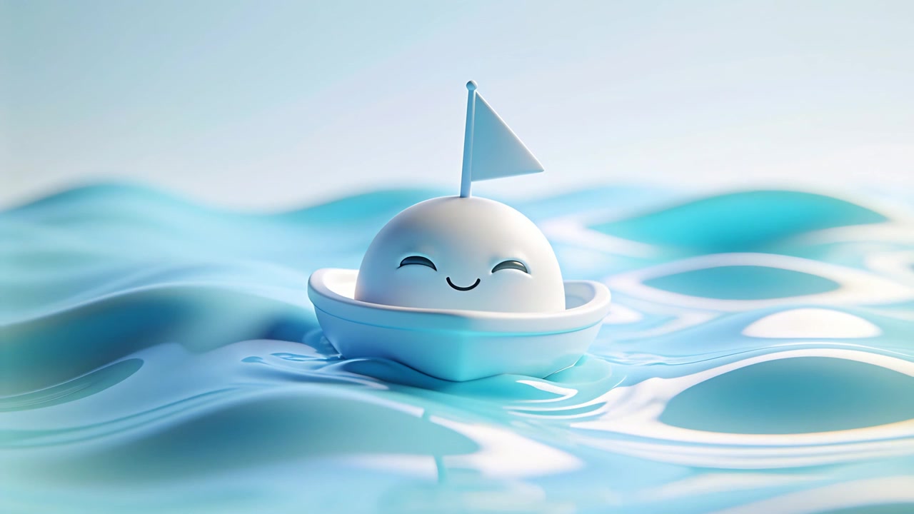 Rising waves pushing toy boat with smiling passenger bobbing on turquoise water, showing flag