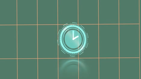 Animation-of-clock-ticking-over-grid-on-green-background