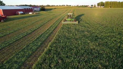 In-Door-County,-WI,-a-farmer-on-a-John-Deere-tractor,-cuts-his-alfalfa-field-in-late-August-12