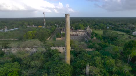 orbital drone shot of abandoned hacienda de uayalceh in yucatan mexico