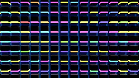 4k fondo de bucle abstracto con cubos alineados en filas en un plano, iluminación de neón de cubos, animación ciclada suave. bg para espectáculos festivos o eventos de vacaciones, videos musicales, bucle vj para clubes nocturnos.