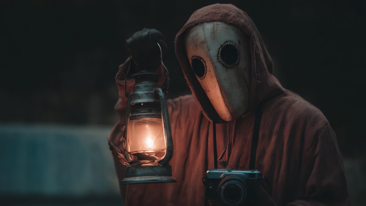 A Mysterious Figure with a Lantern and Camera in a Dark Setting: A Spookily Enigmatic Composition Captured in Transitioning Frames of Time