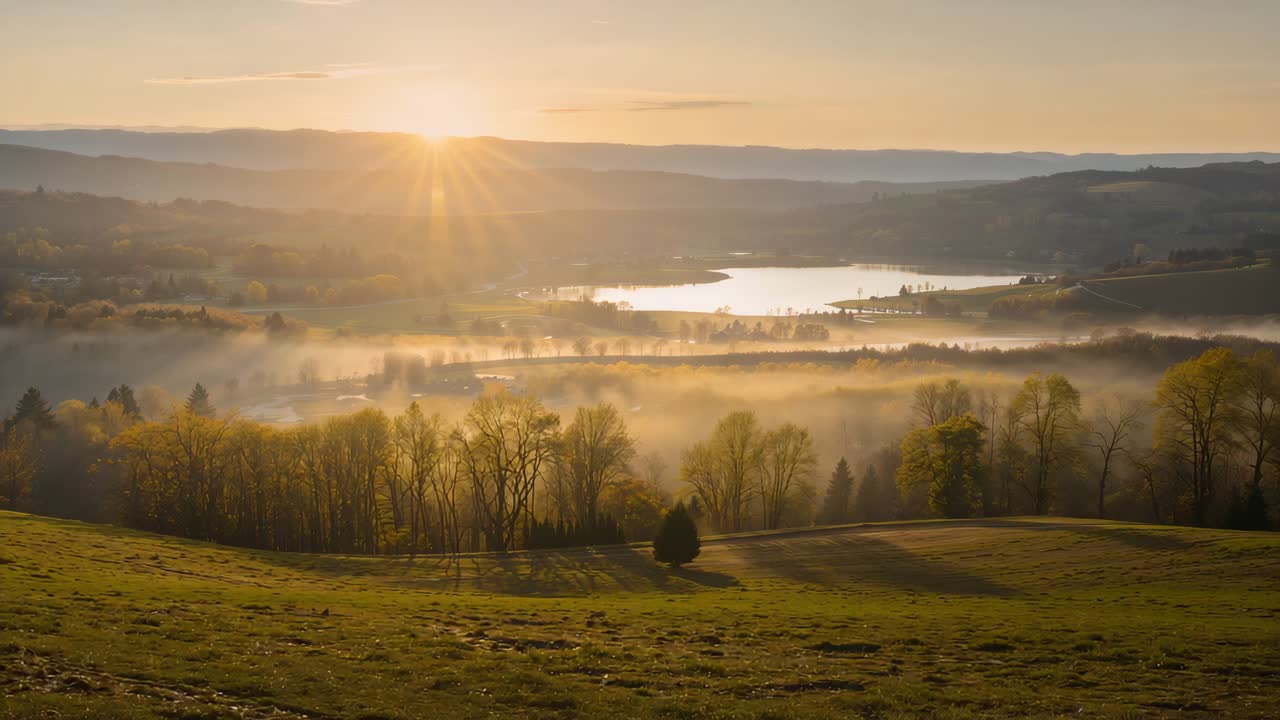 Solen stiger över bergskammen, lyfter dimman i en lantlig dal, avslöjar en reflekterande sjö och trädgräns.