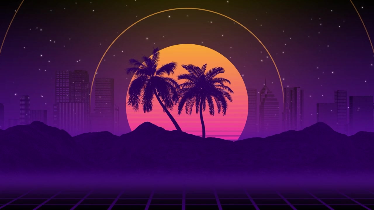 Paesaggio retro-futuristico anni '80 con palme e tramonto al neon
