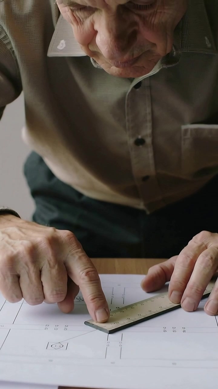 Vertical video: Placing metal ruler, senior in shirt leaning in study, measuring plans for accuracy