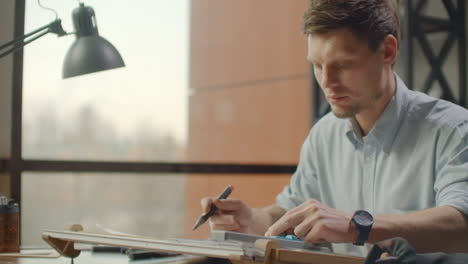 architect man sits at drafting table in modern industrial office during the day. architect working on blueprint with spesial tools and pencil close up. male architect at work only hands with ruler and pencil. design of the house. engineer. tools for drawing. creating a drawing.