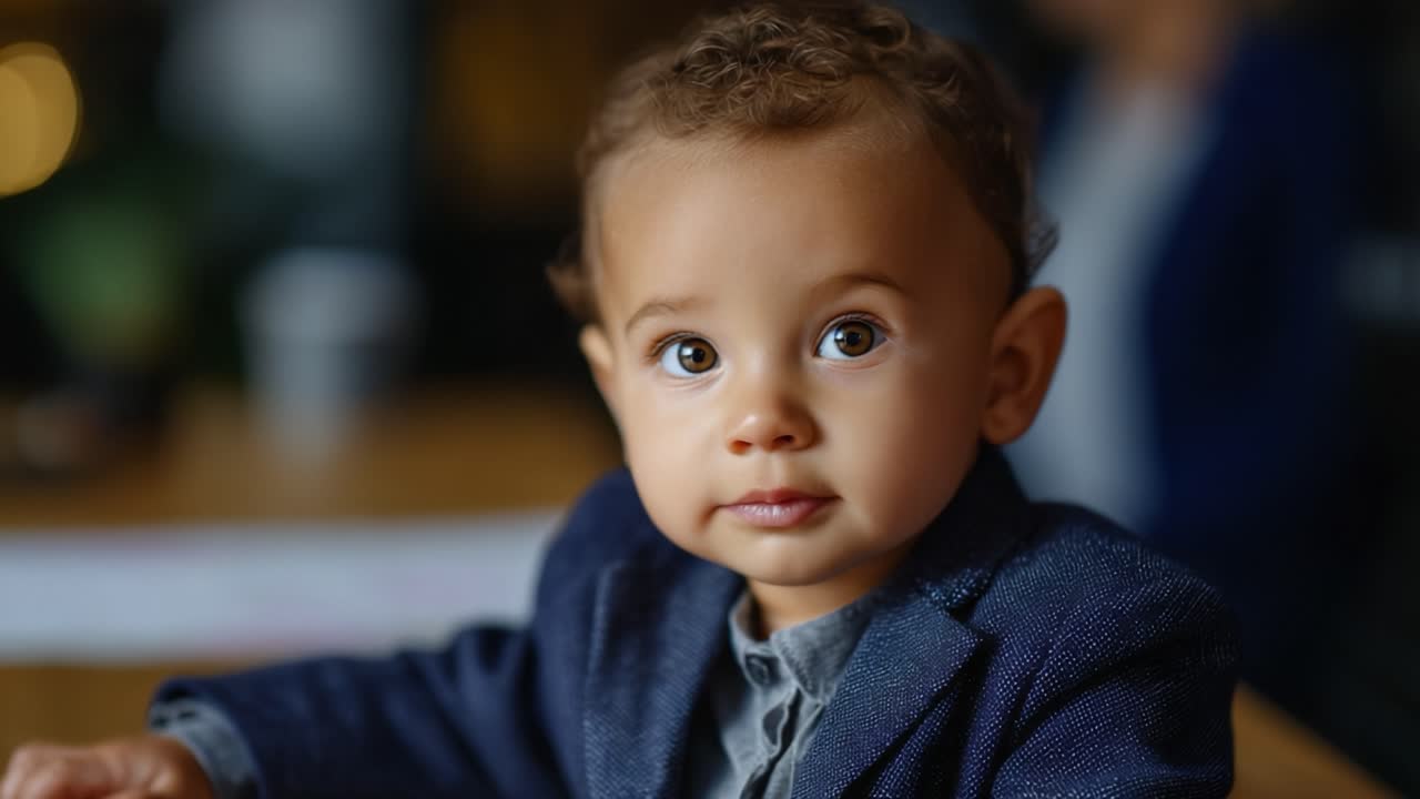Bambino adorabile con capelli ricci e occhi espressivi, vestito con un'elegante giacca scura, immortalato in un ambiente caldo e accogliente