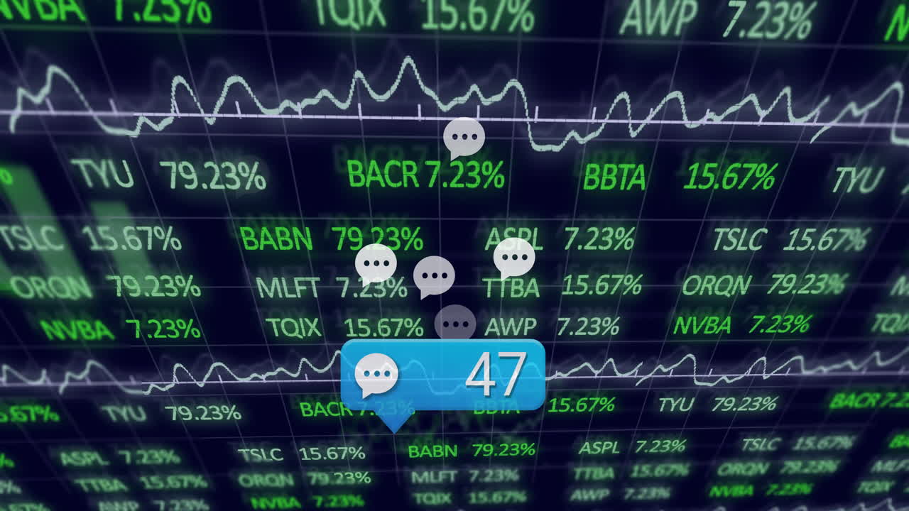 Transparent chat bubbles and blue badge floating over green tickers and white graphs in flat design