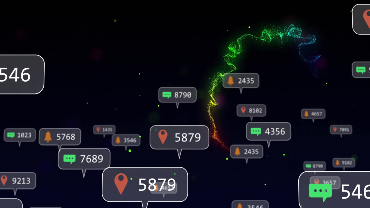 검은 바탕에 반이는 불빛 위에 소셜 미디어 아이콘과 숫자의 애니메이션