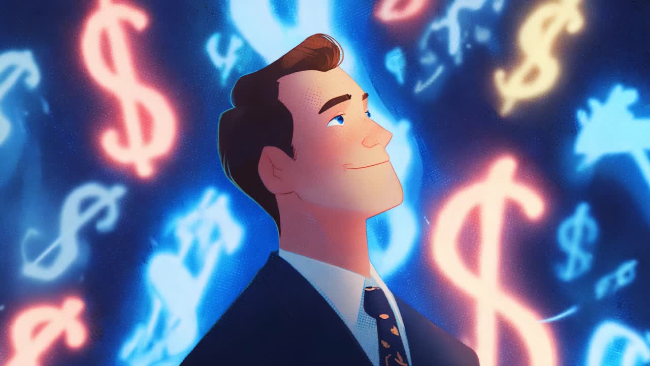 A confident businessman stands surrounded by glowing dollar signs, conveying a sense of optimism and success amidst a backdrop of financial symbols and bright colors