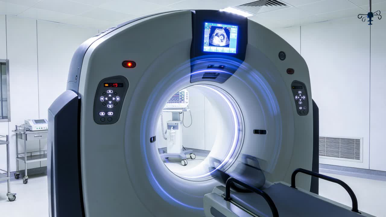 Gantry pulsante dello scanner CT che mostra il monitor assiale in clinica, segnalando lo stato di pronto, lettino del paziente