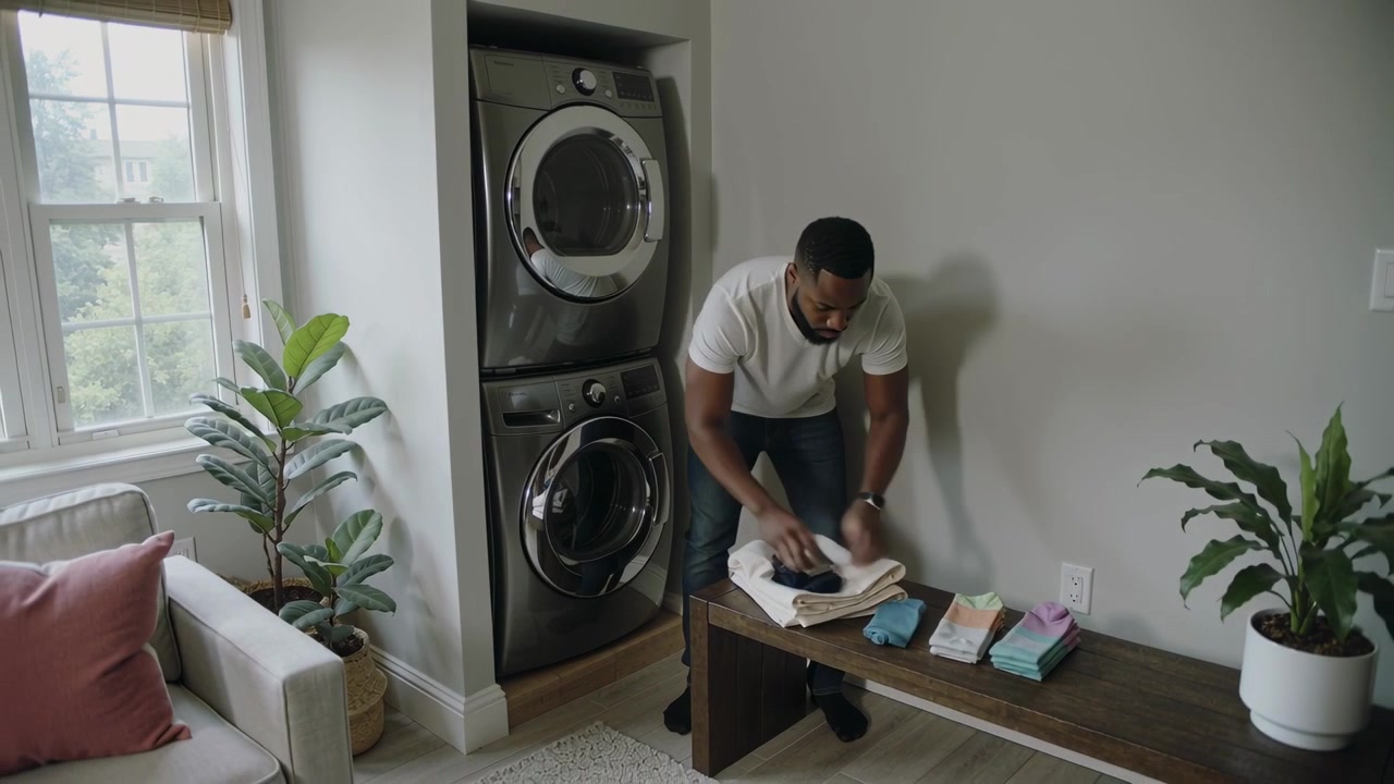 Taking towel from stacked dryer, man in T-shirt folding laundry into stacks at home, copy space