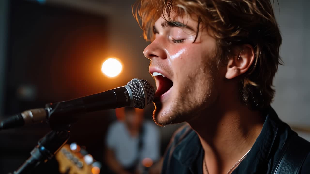 Young Man Singing Passionately into Microphone on Stage