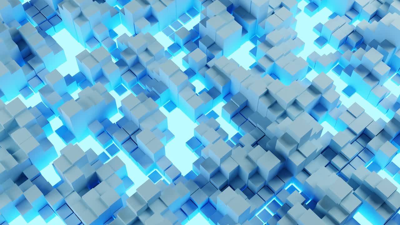 cubos en movimiento blancos y luces de neón azules en el fondo. animación de renderización 3d