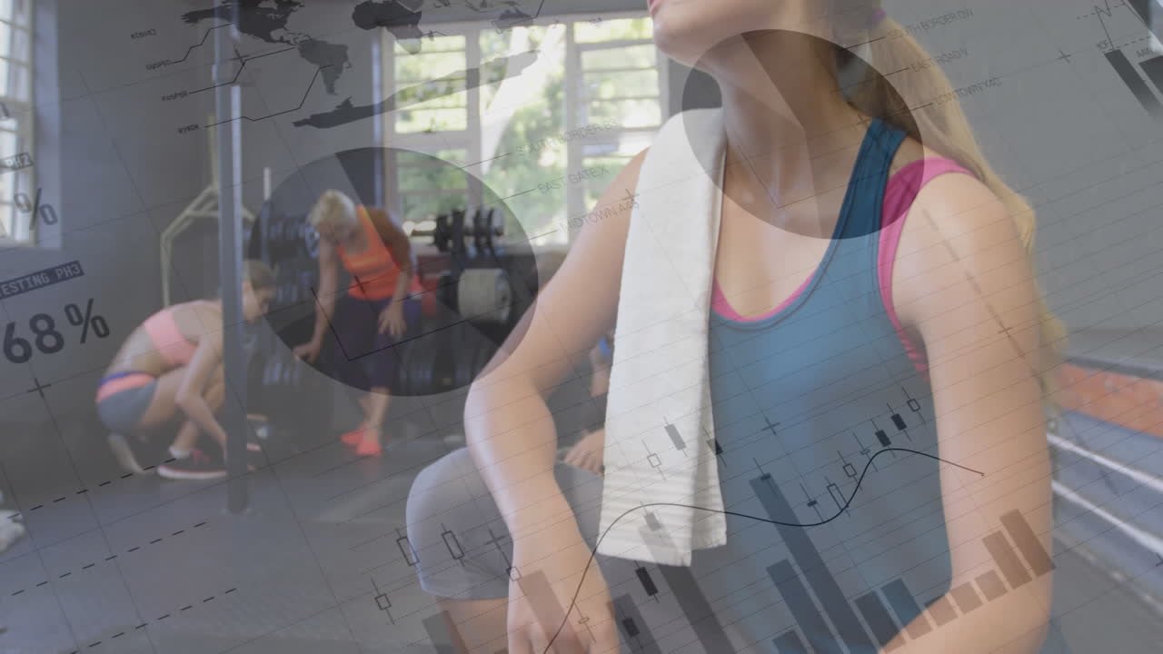 체육관에서 백인 건강한 여성의 초상화에 대한 통계 데이터 처리의 애니메이션