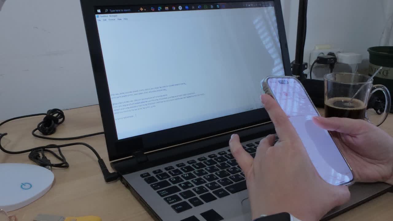 Modern workspace: hands using smartphone, laptop, coffee, and smartwatch