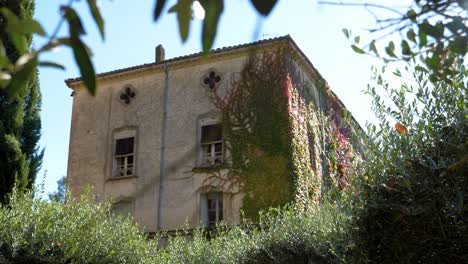 Slow-motion-dolly-shot-of-a-castle-covered-with-vibrant-ivy-in-the-French-countryside