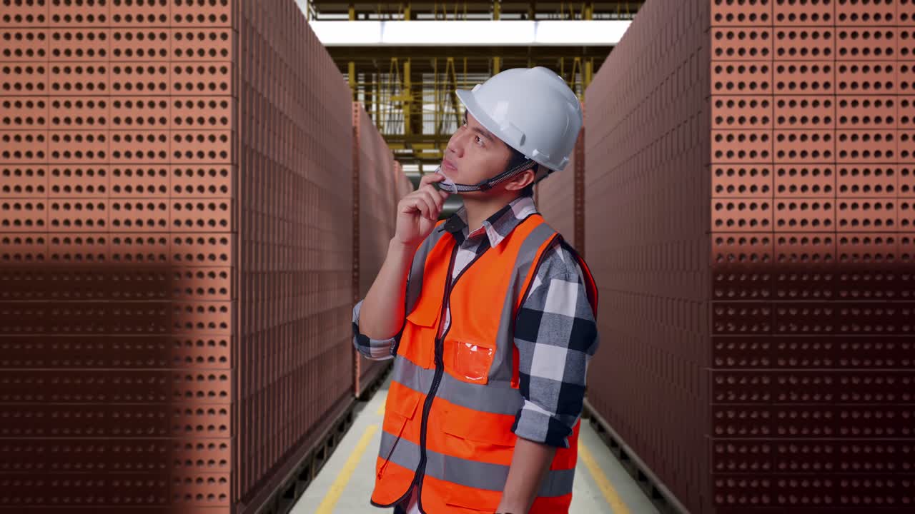 Side View Of Asian Male Engineer With Safety Helmet Thinking And Looking Around Then Raising His Index Finger While Standing With Red Brick Packed in Stacks Are Stored